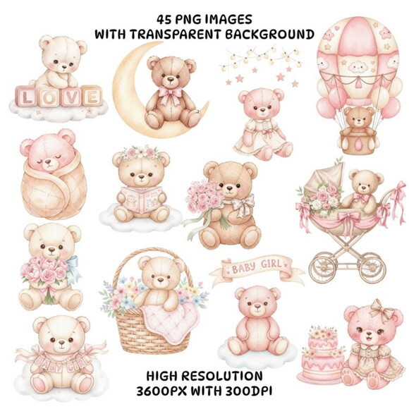 Kit Digital Ursinho Rosa Aquarela #16