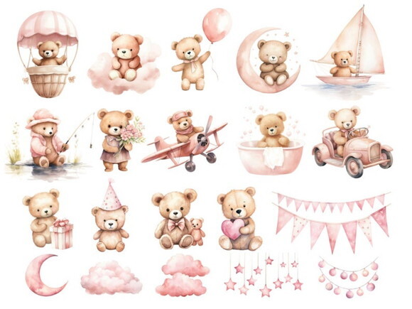 Kit Digital Ursinho Rosa Aquarela Premium - Adorable Pink