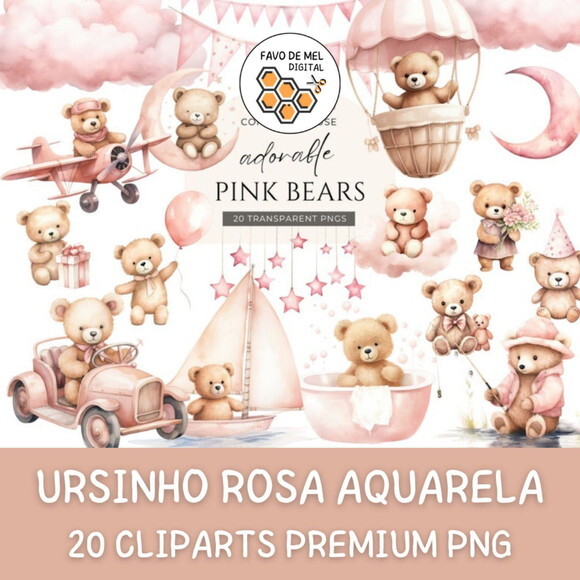 Kit Digital Ursinho Rosa Aquarela Premium - Adorable Pink