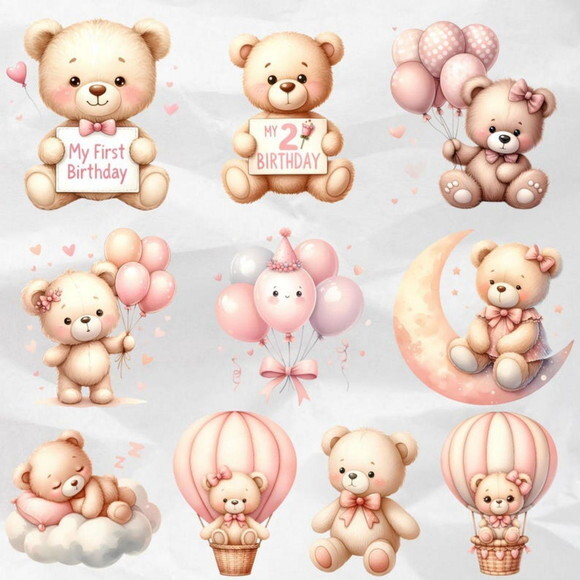 Kit Digital Ursinho Rosa Aquarela Premium | Pink Teddy Ddm