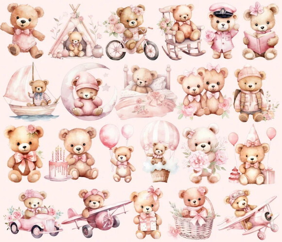 Kit Digital Ursinho Rosa Aquarela Premium | Pink Teddy Ccs