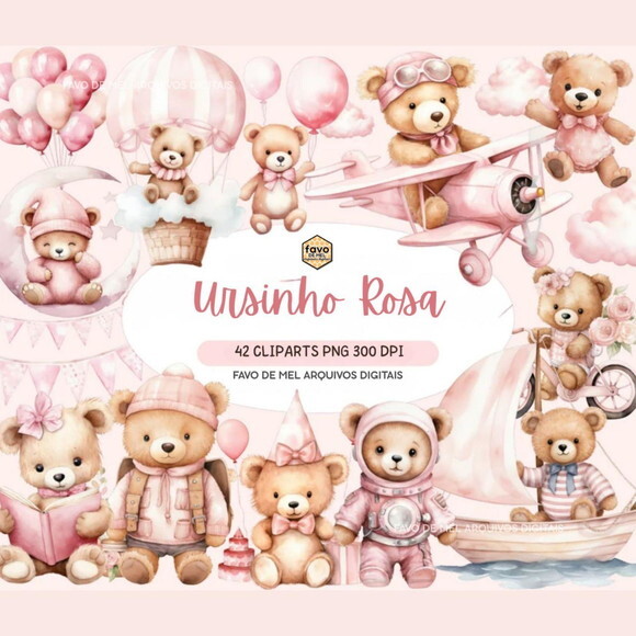 Kit Digital Ursinho Rosa Aquarela Premium | Pink Teddy Ccs
