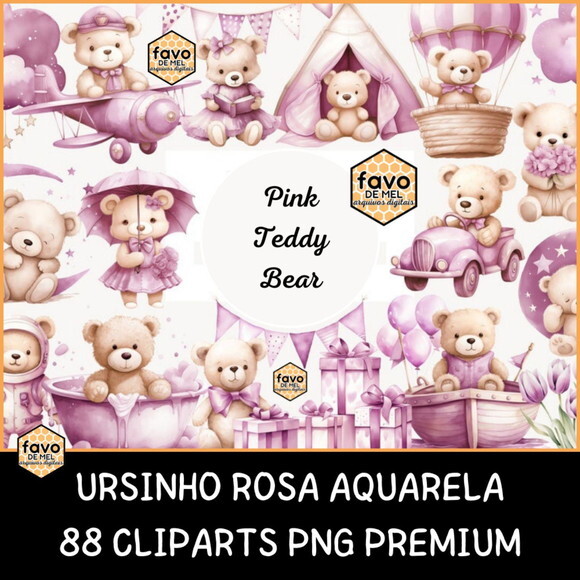 Kit Digital Ursinho Rosa Aquarela Premium | Pink Teddy Fd