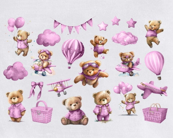 Kit Digital Ursinho Rosa Aquarela Premium- Pink Baby Bear Hc