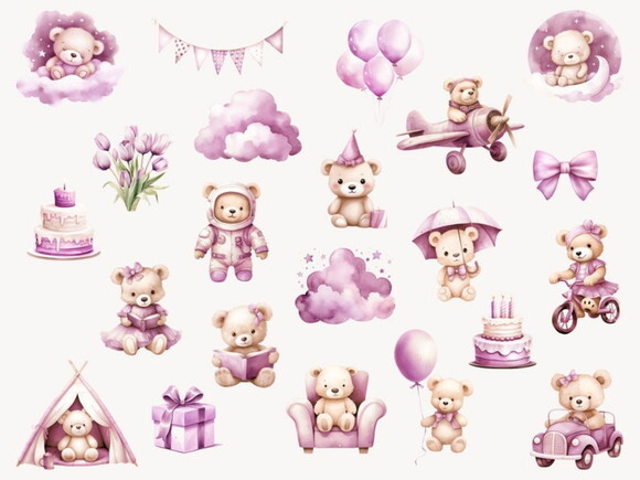 Kit Digital Ursinho Rosa Aquarela Premium | Pink Teddy Fd