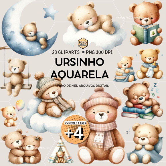 Kit Digital Ursinho Teddy Aquarela (pague 1 Leve +4)