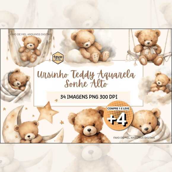 Kit Digital Ursinho Teddy Neutro Aquarela (pague 1 Leve +4)