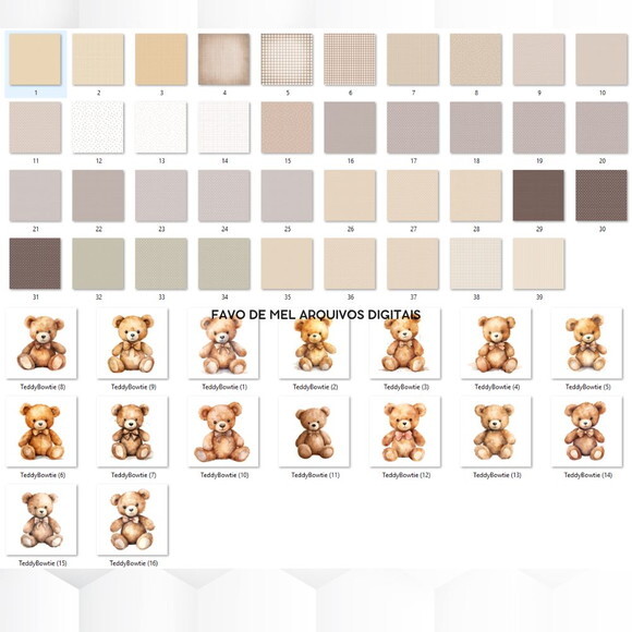 Kit Digital Ursinho Teddy Neutro Aquarela com Papéis