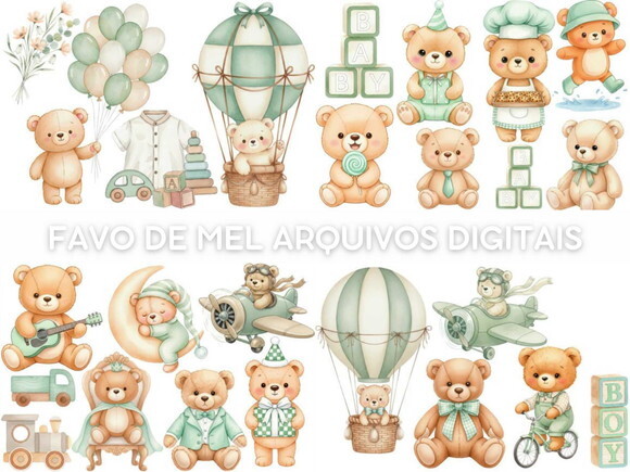 Kit Digital Ursinho Verde Aquarela #7 Png Premium