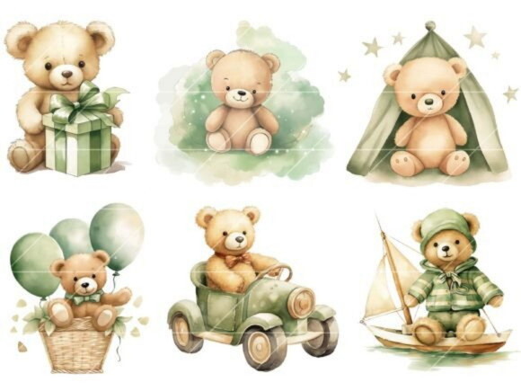 Kit Digital Ursinho Verde Aquarela | Teddy Bear (bd)