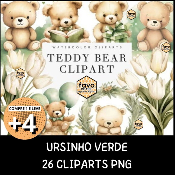 Kit Digital Ursinho Verde Aquarela | Teddy Bear (bd)