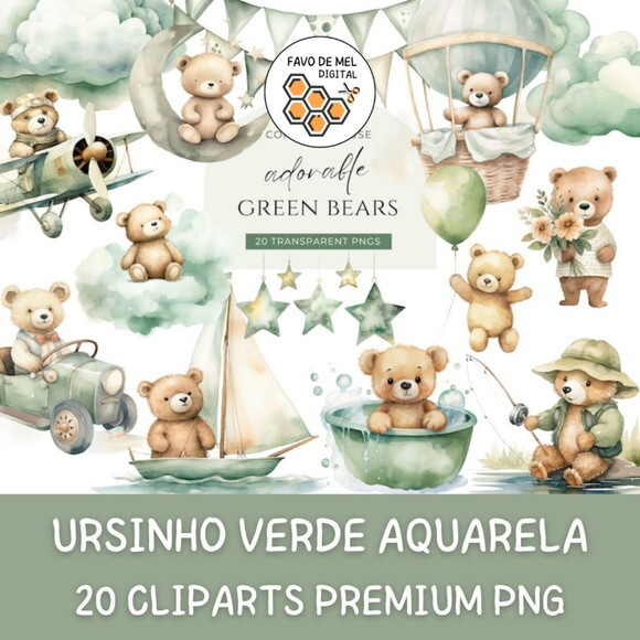 Kit Digital Ursinho Verde Aquarela Premium - Adorable Green