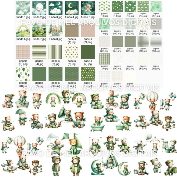 Kit Digital Ursinho Verde Aquarela com Papéis #hfd