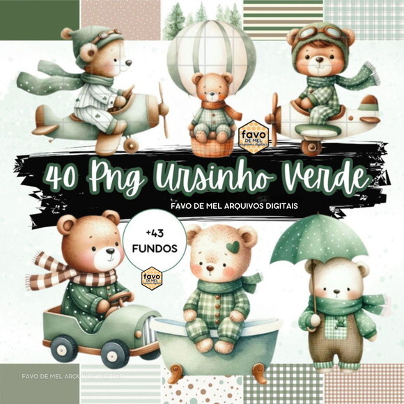 Kit Digital Ursinho Verde Aquarela com Papéis #hfd