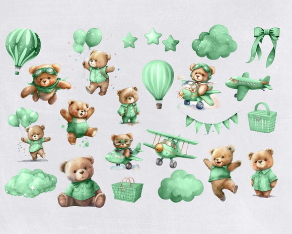 Kit Digital Ursinho Verde Aquarela Premium - Baby Bear (hc)