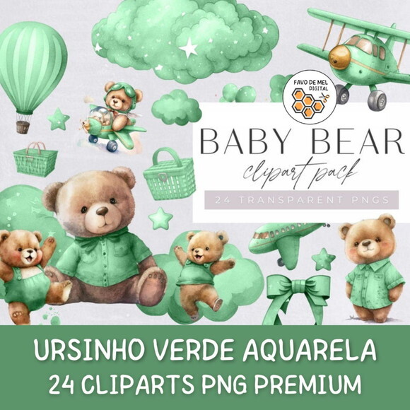 Kit Digital Ursinho Verde Aquarela Premium - Baby Bear (hc)