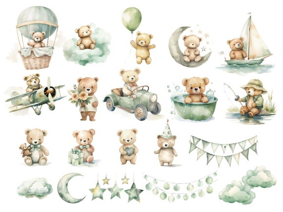 Kit Digital Ursinho Verde Aquarela Premium - Adorable Green