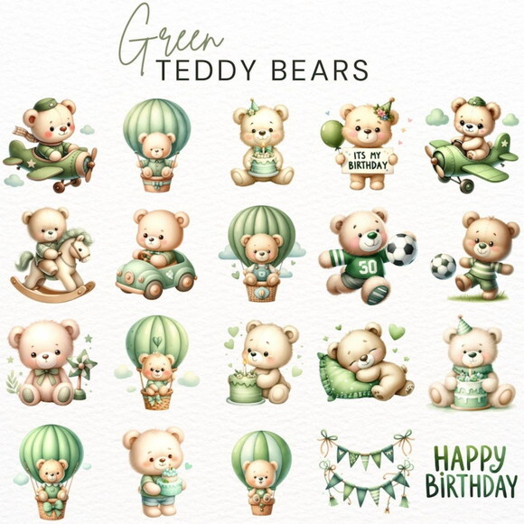 Kit Digital Ursinho Verde Aquarela Premium - Green Teddy Ddm