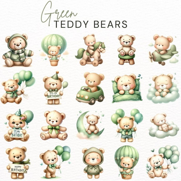 Kit Digital Ursinho Verde Aquarela Premium - Green Teddy Ddm
