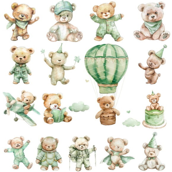 Kit Digital Ursinho Verde Aquarela Premium - Pastel Green