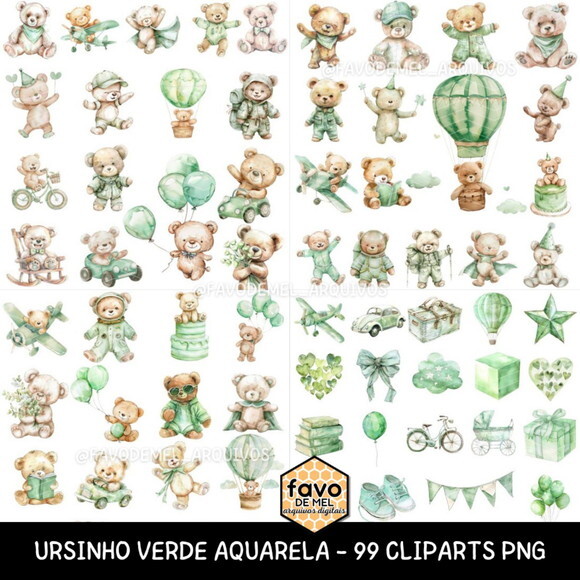 Kit Digital Ursinho Verde Aquarela Premium - Pastel Green