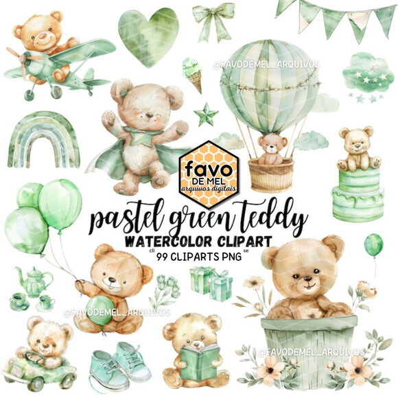 Kit Digital Ursinho Verde Aquarela Premium - Pastel Green