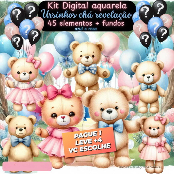 Kit Digital Ursinhos Chá Revelação - Azul e Rosa Png