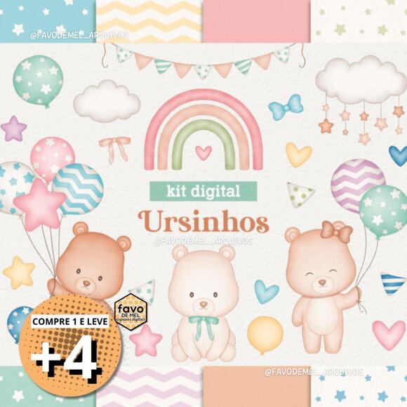 Kit Digital Ursinhos com Balões Aquarela