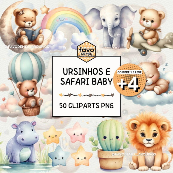 Kit Digital Ursinhos Safari Baby Aquarela (pague 1 Leve +4)
