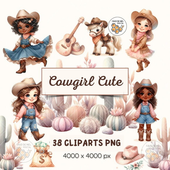 Kit Digital Vaqueira Aquarela Premium - Cute Cowgirl (sweet)