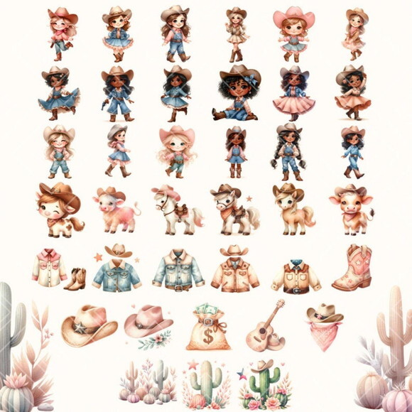 Kit Digital Vaqueira Aquarela Premium - Cute Cowgirl (sweet)