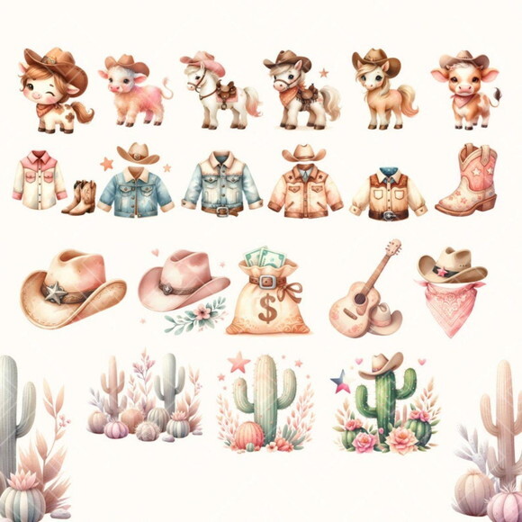 Kit Digital Vaqueira Aquarela Premium - Cute Cowgirl (sweet)