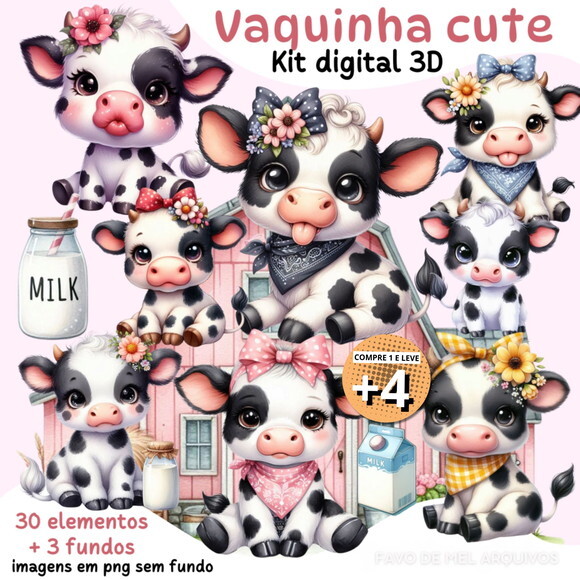 Kit Digital Vaquinha Cute 3d (pague 1 Leve +4)