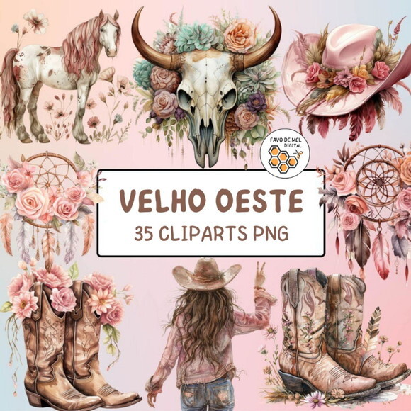 Kit Digital Velho Oeste Country Cowgirl Aquarela Premium