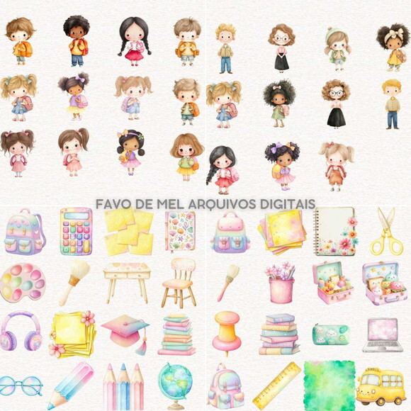 Kit Digital Volta às Aulas Aquarela #17 Png Premium