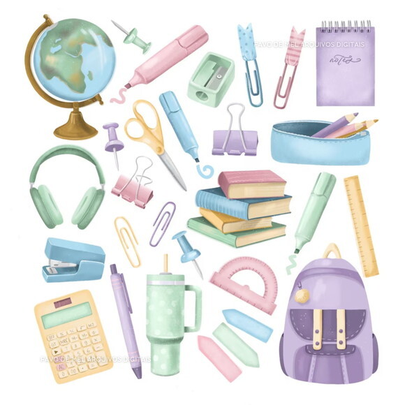 Kit Digital Volta às Aulas Aquarela #20 Png com Papéis Jpg