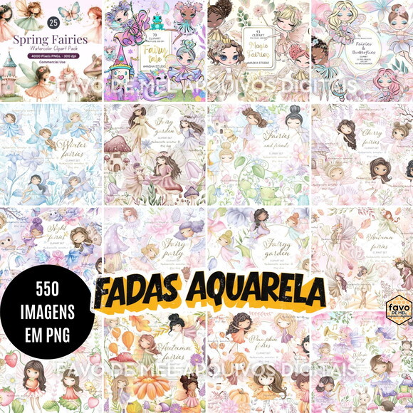 Pack Digital Fadas Aquarela - Combo 16 Kits Digitais Png