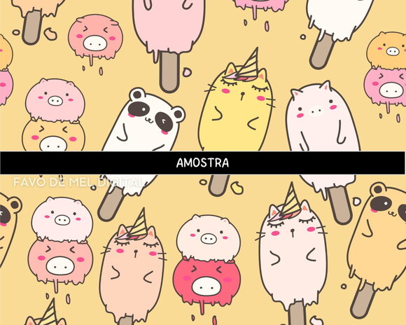 Papel Digital Animais Cute Kawaii 2 Fundo Estampa Fofa