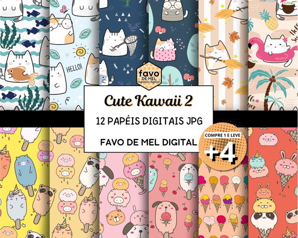 Papel Digital Animais Cute Kawaii 2 Fundo Estampa Fofa