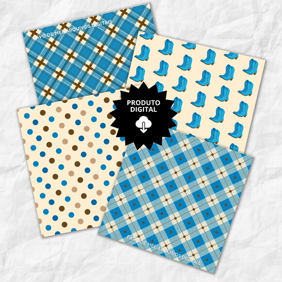 Papel Digital Blue Cowboy - Azul Marrom Vaqueiro Country