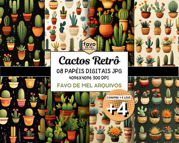 Papel Digital Cactos Retrô Jpg (pague 1 Leve +4)