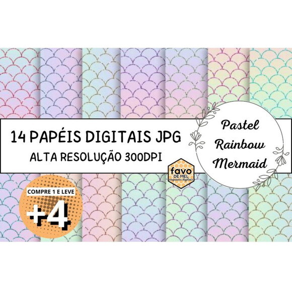Papel Digital Cauda de Sereia - Pastel Rainbow Mermaid