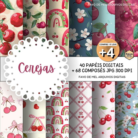 Papel Digital Cerejas - Estampas Fundos e Composês Jpg