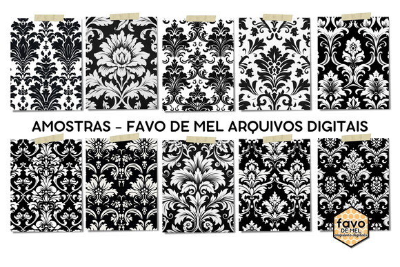 Papel Digital Damask Brasão Preto e Branco (pague 1 Leve +4)