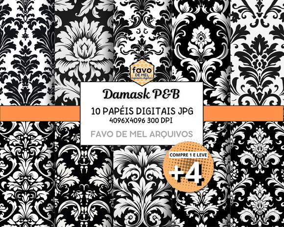Papel Digital Damask Brasão Preto e Branco (pague 1 Leve +4)