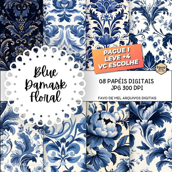 Papel Digital Floral Azul Arabescos Damask Jpg