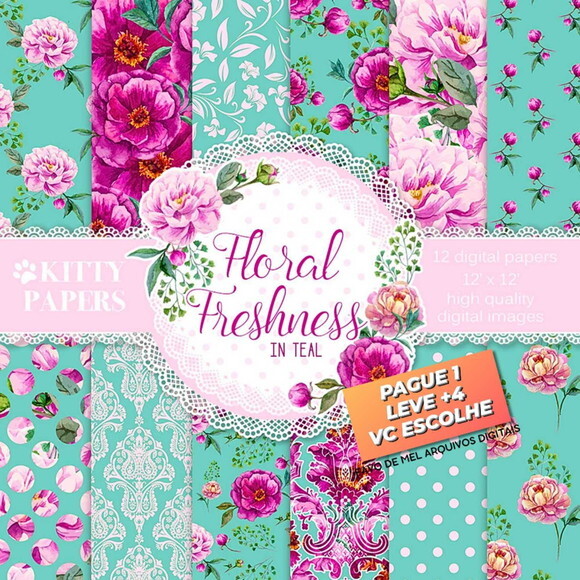 Papel Digital Floral Pink e Menta Jpg (pague 1 Leve 5)