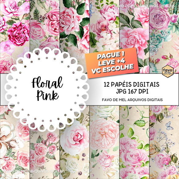 Papel Digital Floral Pink Jpg (pague 1 Leve +4)