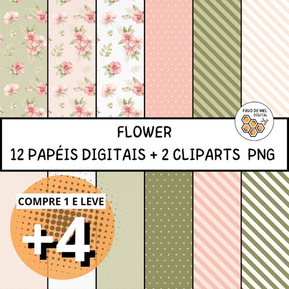 Papel Digital Floral Rosa e Verde Aquarela - Flower