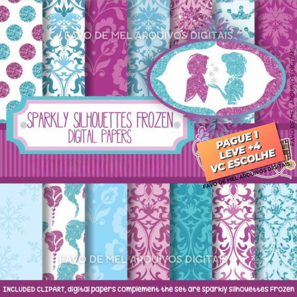 Papel Digital Frozen Glitter com Elementos Silhueta Jpg Png